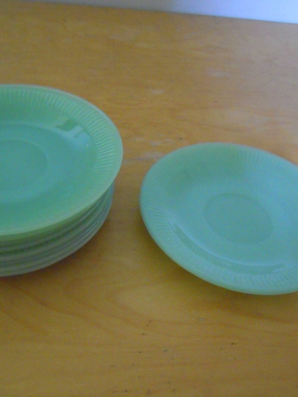 9 Vintage Fire King Jadeite Green Ribbed Glass Teacup Saucer Set